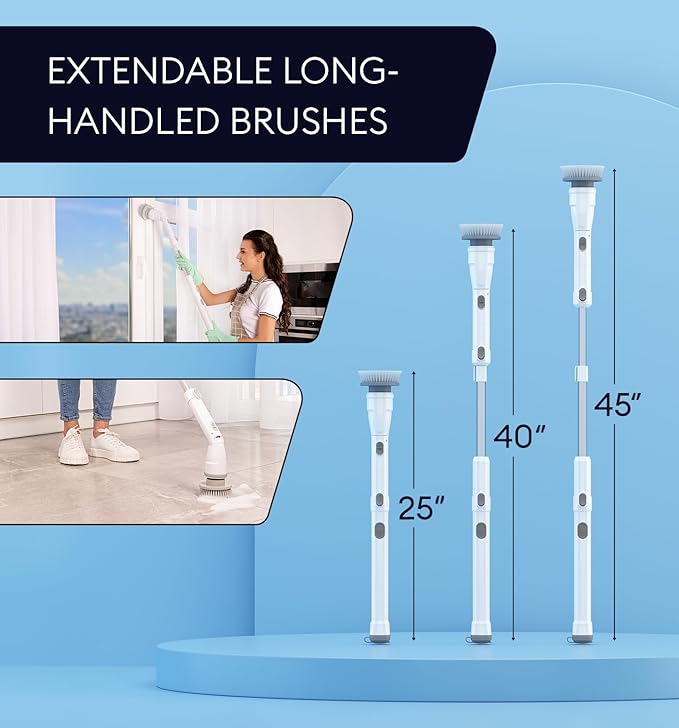 Electric Spin Scrubber, 360 Cordless Powerful Scrub Brush for Cleaning Bathroom, Tile, Floor, Tub & Shower with Adjustable Extension Handle and 3 Replaceable Rotating Brush Heads (Packaging May Vary)