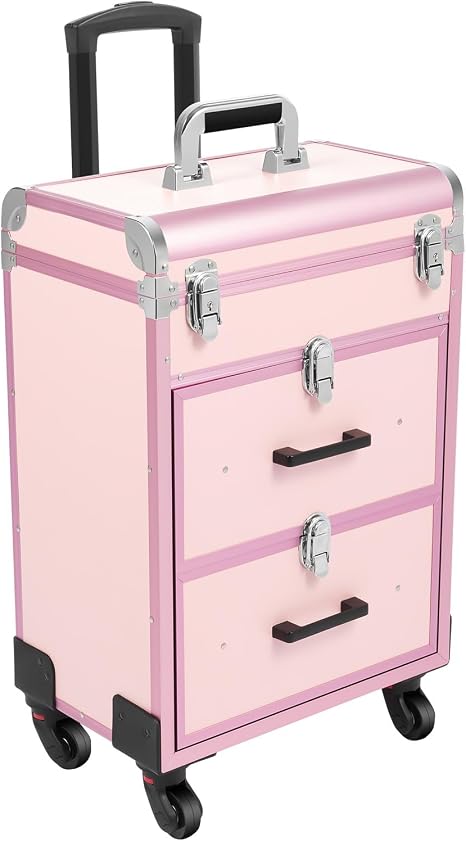 Rolling Makeup Case with Drawer, Large Cosmetic Trolley with Lock, Professional Rolling Cosmetic Train Case with Wheel T