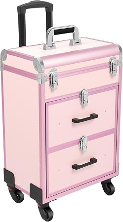 Rolling Makeup Case with Drawer, Large Cosmetic Trolley with Lock, Professional Rolling Cosmetic Train Case with Wheel T