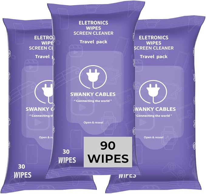 Swanky Cables Screen Cleaner Wipes: Electronic Wipes for Screens - Computer Screen Wipes for Lens, Phone, Tv Screen and Monitor Cleaning - Tech Wipes & Microfiber Cloth (Soft Wipes, 90 Count)
