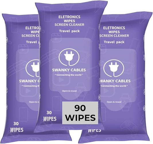 Swanky Cables Screen Cleaner Wipes: Electronic Wipes for Screens - Computer Screen Wipes for Lens, Phone, Tv Screen and Monitor Cleaning - Tech Wipes & Microfiber Cloth (Soft Wipes, 90 Count)