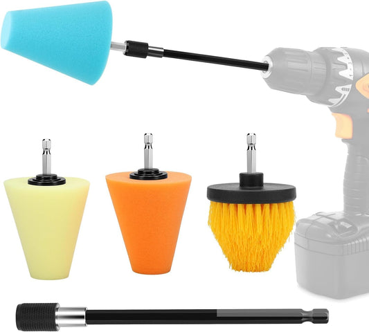 Linkstyle 5PCS Drill Polishing Cone Set, Car Wheel Polisher Sponge Pad Kit with Long Extension Pole & Cleaning Brush, Buffing Cone for 1/4" Hex Drill