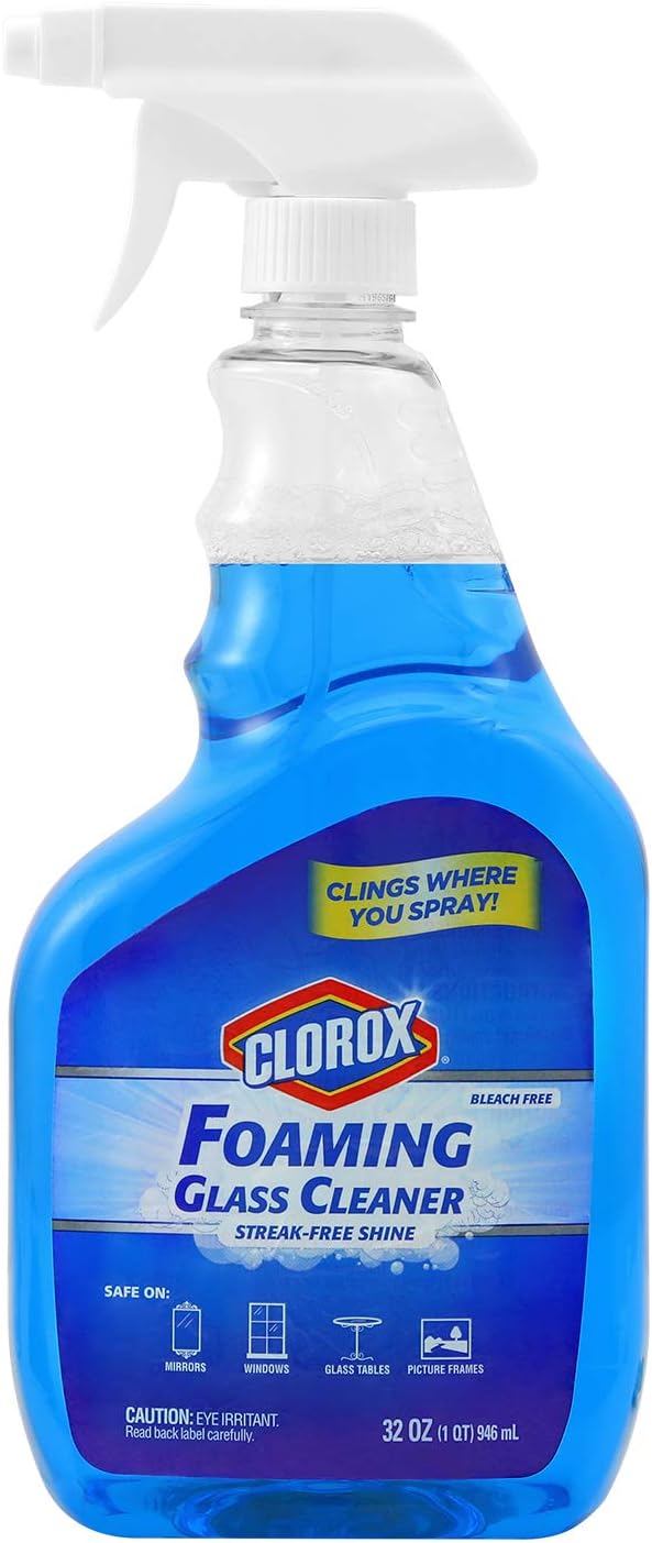 Clorox Foaming Glass Cleaner Trigger Spray, Streak Free No Drip Formula for Windows, Mirrors, and Glass Surfaces, All Purpose Household Cleaning Spray in Fresh Scent, 32 Ounce