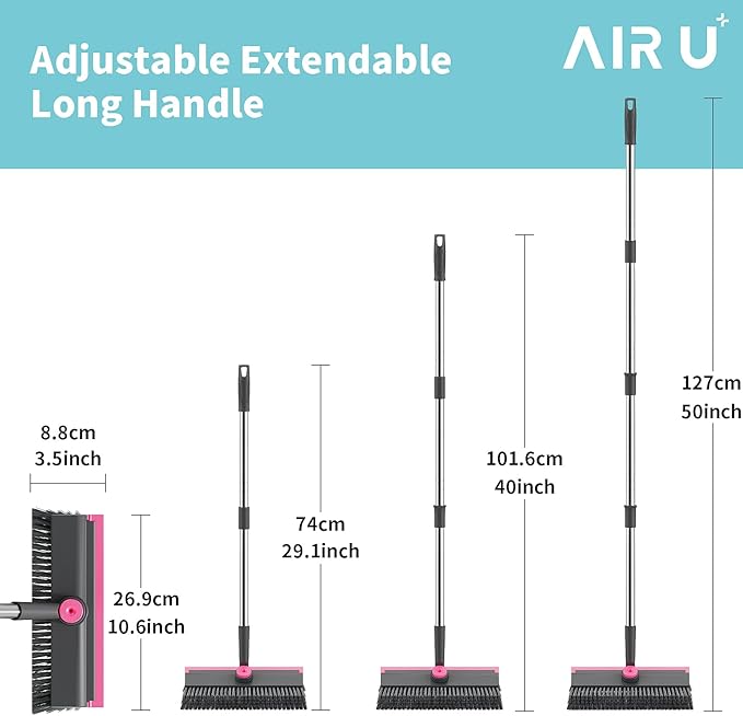 AIR U+ Floor Scrub Brush with Long Handle, 3 in 1 Scrape and Heavy-Duty Stiff Bristle Scrubber Brush for Cleaning Shower Bathroom, Patio, Pool, Garage, Kitchen, Wall and Deck, Gray and Pink