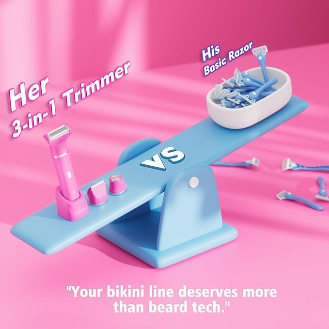 Bikini Trimmer for Women - IPX7 Waterproof Pubic Hair Remover for Shower & Travel, 3-in-1 Bikini Trimmer with Body/Round/Curved Heads, Hypoallergenic Foil & Ceramic Blades, Self-Care Gifts for Women