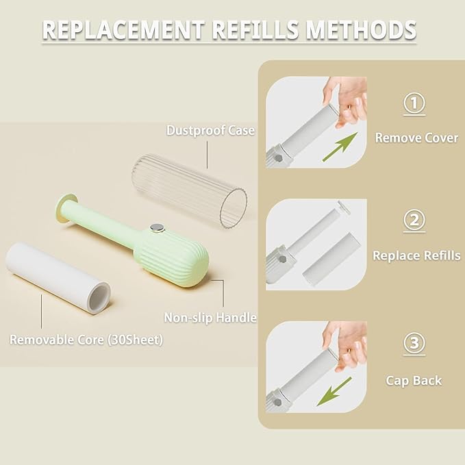 Compact Lint Roller with 150 Sheets - Portable Pet Hair Remover for Clothes, Furniture, and Travel Essentials Household Use, 1 Handle+5 Roller Refills (Green)