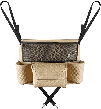 DXNQ Car Purse Holder Between Seats, Luxury Leather Front Seat Back Handbag Organizer with Tissue Box Cup Holders, Auto 