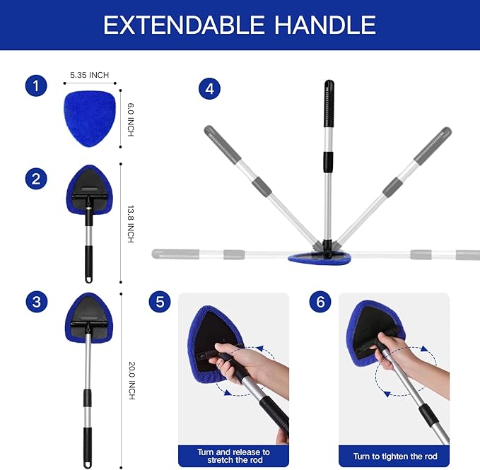 Qydipclin 11pcs Windshield Cleaner Tool, Car Window Cleaning Wash Kit with 6 Reusable Microfiber Pads 2 Spray Bottles and Extendable Handles Auto Glass Wiper Kit, Blue & Green