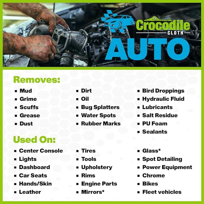 Crocodile Cloth Auto Cleaning Wipes – 10 XL (15" x 10") Disposable Wipes for Car Engine Degreasing, Body Detailing & Tire Cleaning – Cuts Grease, Oil, Adhesives on Hands, Tools, Parts & More