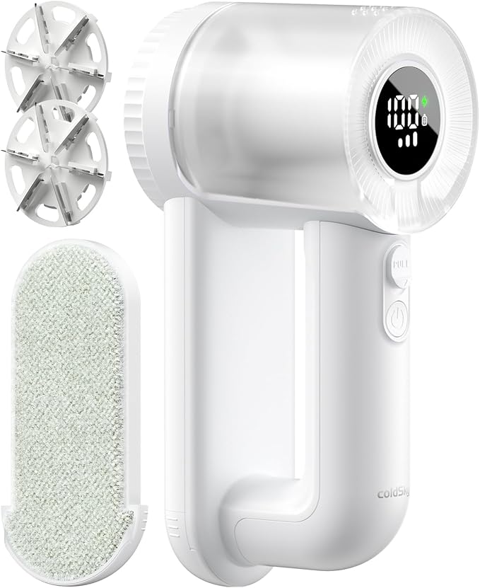 coldSky Fabric Shaver Rechargeable, 2-in-1 Electric Fabric Shaver & Lint Remover, 3-Speed LED Digital Display Sweater Defuzzer for Clothes, Furniture, Couch - Removes Lint, Hairball, Fuzz - White