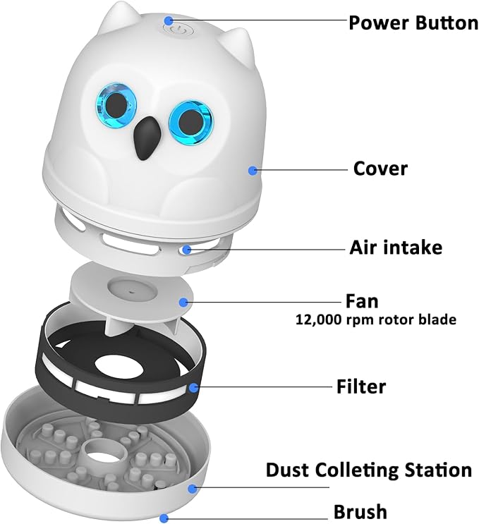 Mini Desktop Vacuum Cleaner Owl Desk Vacuum Cleaner Cute Desk Vacuum Sweeper for Cleaning Eraser Waste, Crumbs, Hair, Paper Scraps on Computer Piano Keyboard Countertop Car