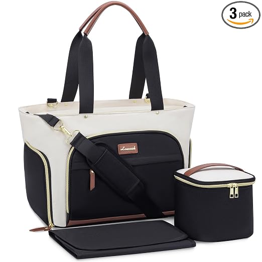 LOVEVOOK Breast Pump Bag & Diaper Tote - 3Pc Set for Breastfeeding Moms - Laptop Pocket, Cooler & Changing Pad - Fits Mo