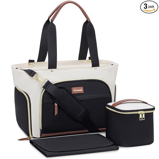 LOVEVOOK Breast Pump Bag & Diaper Tote - 3Pc Set for Breastfeeding Moms - Laptop Pocket, Cooler & Changing Pad - Fits Mo