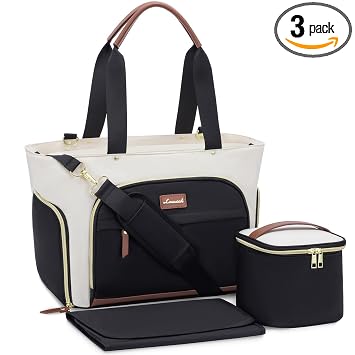 LOVEVOOK Breast Pump Bag & Diaper Tote - 3Pc Set for Breastfeeding Moms - Laptop Pocket, Cooler & Changing Pad - Fits Mo