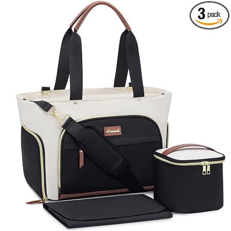LOVEVOOK Breast Pump Bag & Diaper Tote - 3Pc Set for Breastfeeding Moms - Laptop Pocket, Cooler & Changing Pad - Fits Mo