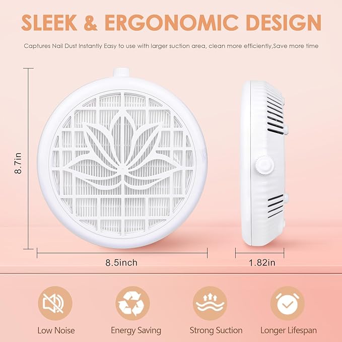 Nail Dust Collector for Nail Tech, 4500RPM Portable Nail Vacuum Fan with Adjustable Suction, 2Pcs Reusable Filter & Easy-Control for Beginners,Nail Students & Home Use, White