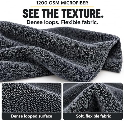 Car Drying Towel, 1200 GSM Absorbent Microfiber, 24 x 36 in, Plush Auto Detailing Cloth for Cars, SUVs and Trucks, Charcoal Grey, 1 Pack