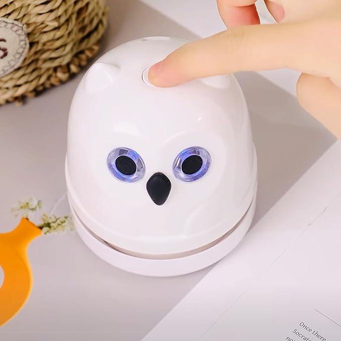 Mini Crumb Vacuum Cleaner Owl Tabletop Crumb Sweeper Vacuum USB Recharging Craft Desk Vacuum Cleaner for Glitter Paper Scraps Eraser Crumbs Pencil Shavings Cookie Crumbs