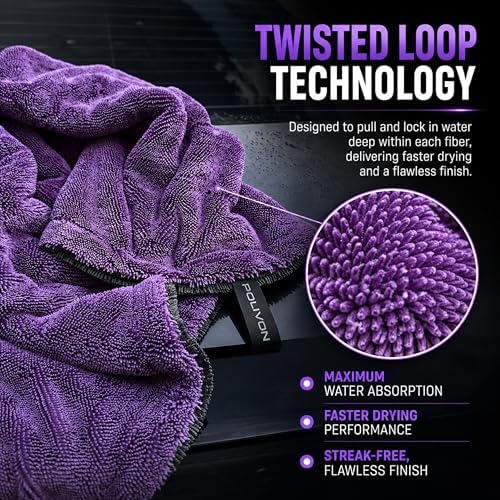 Car Drying Towel 24”x36”, 1400 GSM Twisted Loop Microfiber, Ultra Absorbent, Streak-Free, Lint-Free, Scratch-Free for Car, Truck & SUV, Quick Drying in Fewer Passes (Purple)