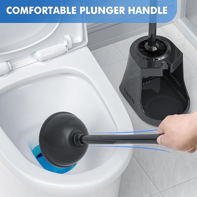 LOVLOY Toilet Plunger and Brush with Holder, Bowl Brush and Heavy Duty Toilet Plunger Set with Ventilated Holder, 2-in-1 Toilet Brush and Plunger Combo for 5.3-inch Toilet Drain New Pack (Black, 1)