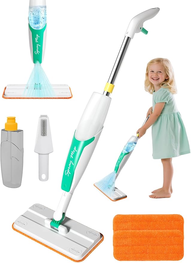 Kids Spray Mop Toy – Toddler Cleaning Set with Real Water Sprayer, Microfiber Mop Pads & Scraper – Pretend Play Montessori Cleaning Toys Gift for Preschool Toddlers Kids Boys and Girls