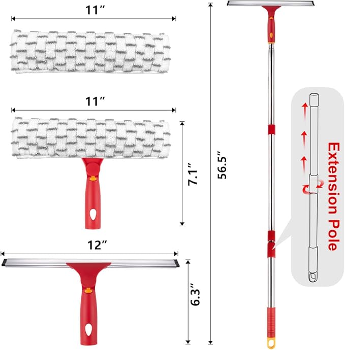 Squeegee for Window Cleaning, 12" Squeegee and 11" Microfiber Scrubber Combi with Stainless Steel Pole, Extendable Window Cleaner for Car, Sliding Door, Shower Glass Door-Swivel Style-2 Pads