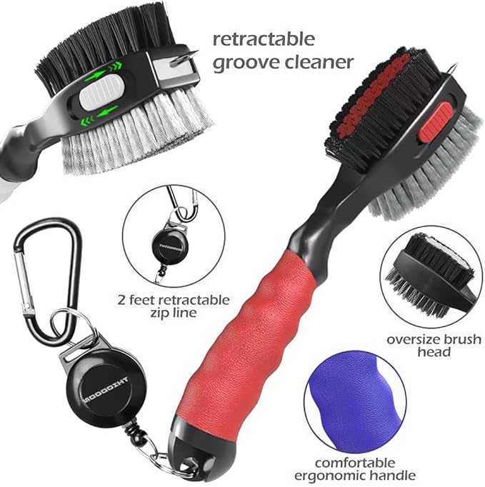 THIODOON 2 Pack Golf Club Brushes and Groove Cleaner 2 ft Retractable Zipline Carabiner Golf Brush Head with Retractable Spike Comfortable Grip Golf Club Cleaner