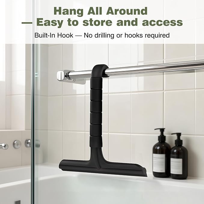 Roylvan Silicone Shower Squeegee, All-in-One Shower Squeegee for Glass Doors with Built-in Hook, Household Window Mirror Cleaner for Bathroom Glass Kitchen Tile Wall Car, Black
