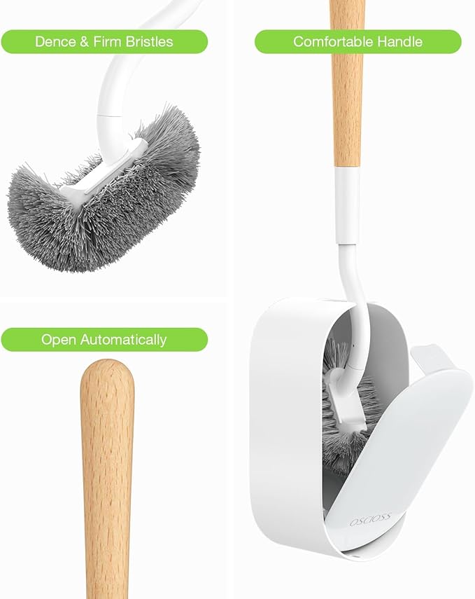 Wooden Toilet Brush, OSCIOSS Toilet Brush and Holder Set with Ergonomic Design, Compact Size, Durable Bristles, Bamboo RV Toilet Cleaner & Holder for Bathroom (Natural, 1pack)