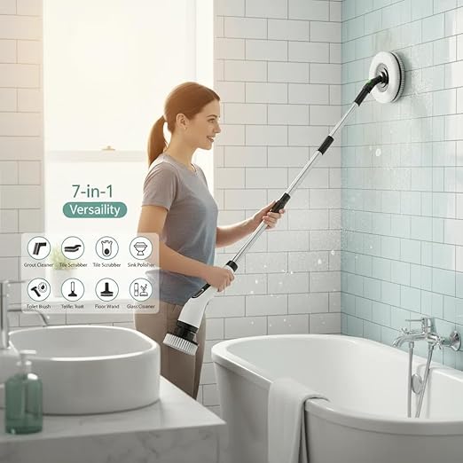 Cordless Electric Spin Scrubber - IPX7 Waterproof, LCD Display, 8 Brush Heads, Adjustable Extension Handle, for Shower, Bathtub, Tile, Grout, Kitchen, Bathroom Cleaning