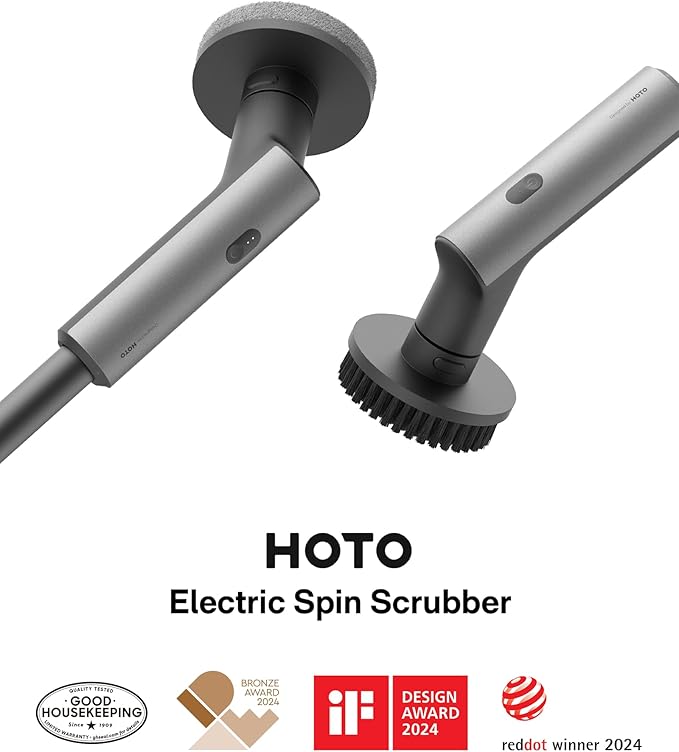 HOTO Cordless Electric Spin Scrubber, IPX7 Full Body Waterproof Bathroom Cleaning Brush, Max 22 in-lb, Shower Scrubber Brush with Long Handle, 6 Brush Heads, Power Scrubber for Bathroom, Floor, Tile