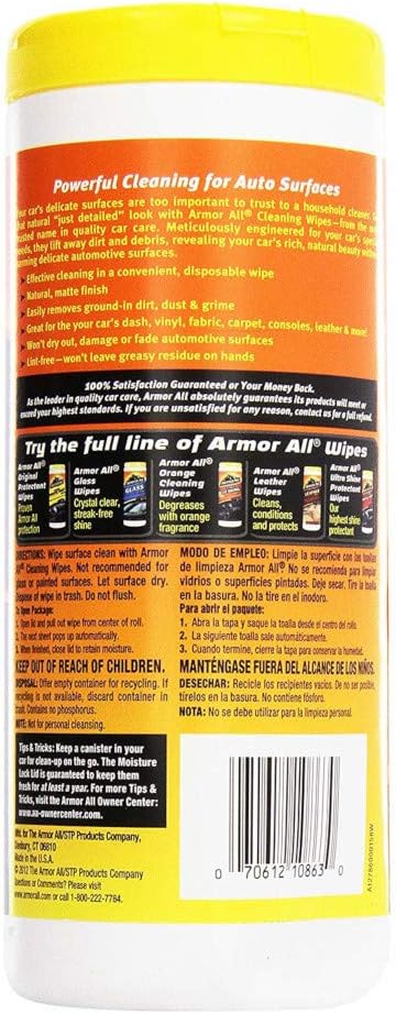 Armor All Interior Car Cleaning Wipes, Canister, Powerful Cleaning for Dashboards, Vinyl, Clear Plastics, Carpet and Fabric, 25 Count (Pack of 2)