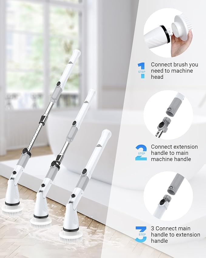 Electric Spin Scrubber, Cordless Power Brush Floor Scrubber with Adjustable Extension Arm and 4 Replaceable Bathroom Cleaning Brush Heads, Ideal for Tub, Tile, and Floor Cleaning