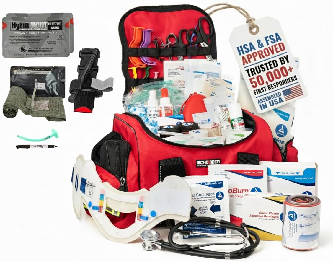Fully-Stocked First Responder Bag | Professional EMT/EMS Trauma & Bleeding Medical Kit | HSA/FSA Approved | CAT Tourniquet, HyFin Chest Seal, Israeli Bandage & 250+ First Aid Supplies (Red)