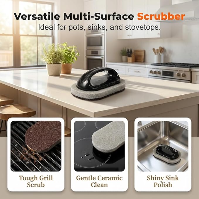 Magic Emery Cleaning Sponge, 2026 Upgrade Nano Carborundum Sponge for Stainless Steel, Rust Eraser Pot Scrubber Scouring Pads for Kitchen Pans Burnt-On Stain Removal (6, Sponge with Handle)