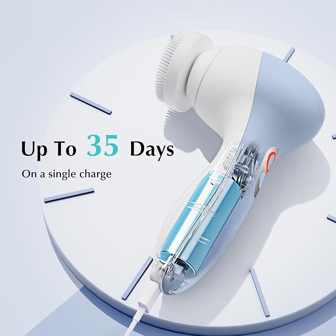 COSLUS FBX04 Powered Facial Cleansing Brush: Rechargeable Electric Face Cleanser for Sensitive & Acne-Prone Skin, 3 Brush Heads, 3 Speeds, 2-Direction Rotation, for Men Women IPX7, Deep Cleaning Blue
