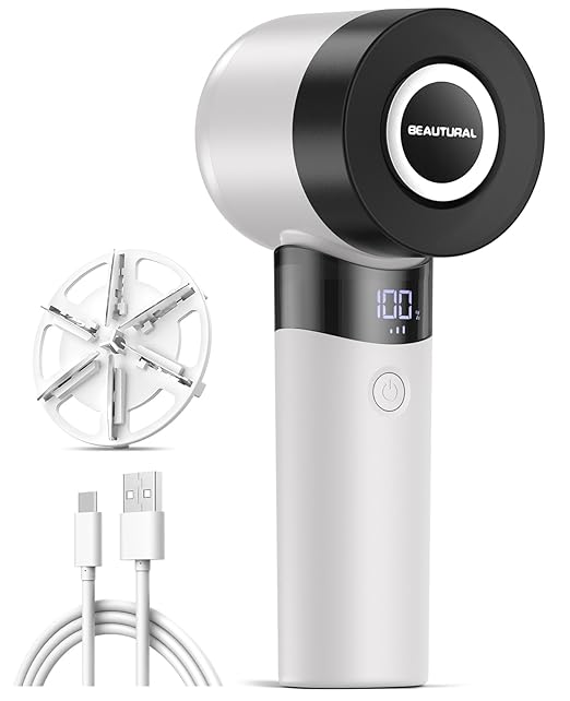BEAUTURAL Fabric Shaver and Lint Remover, Rechargeable Electric Sweater Shaver with 3 Speeds, 6 Leaf Blades and LED Display, Portable Pilling Remover for Clothes, Furniture, Blankets, White