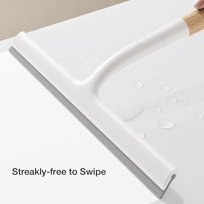 Shower Squeegee for Glass Doors, Streak-Free Silicone Window Cleaner with Detachable Wood Handle & Hook, Rust-Proof Bathroom Squeegee for Mirror, Tile Wall, Car Windshield, 10 Inch White
