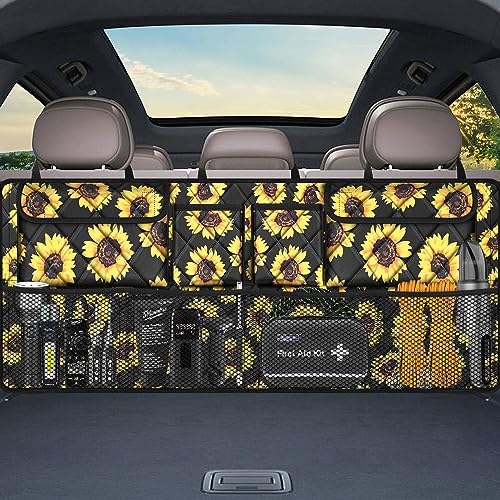 Car Trunk Organizer,Large Capacity Backseat Organizer(42 in*18 in),Collapsible Storage Bag with 8 Pocekt,Car Organizer for SUV/MPV/Truck - Sunflower TLAG-0114