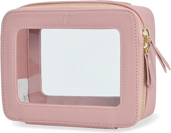 NGIL Clear Faux Leather Travel Toiletry Bag, Makeup Bag Organizer for Women, Clear Window & Gold Zipper Makeup Bag, Road