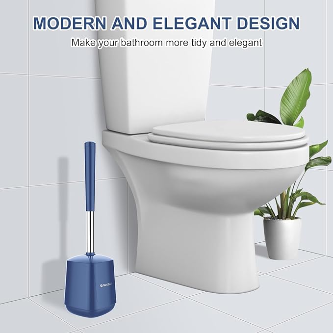 SetSail Toilet Brush and Holder, Self Closing Lid Toilet Bowl Brushes Holder and Extra Long Handle Ventilated Toilet Brush Set for Bathroom Cleaning, Nylon Bristles, 2 Packs-Dark & Blue