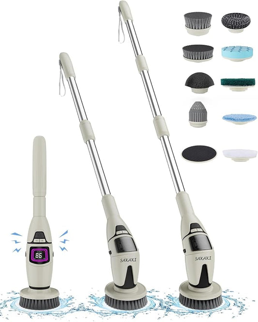 Electric Spin Scrubber Cordless Shower Cleaning Brush with 10 Replaceable Heads Powerful IPX7 Waterproof Bathroom Cleaner 3 Speeds Detachable Long Handle Voice Broadcast for Floor Car Kitchen