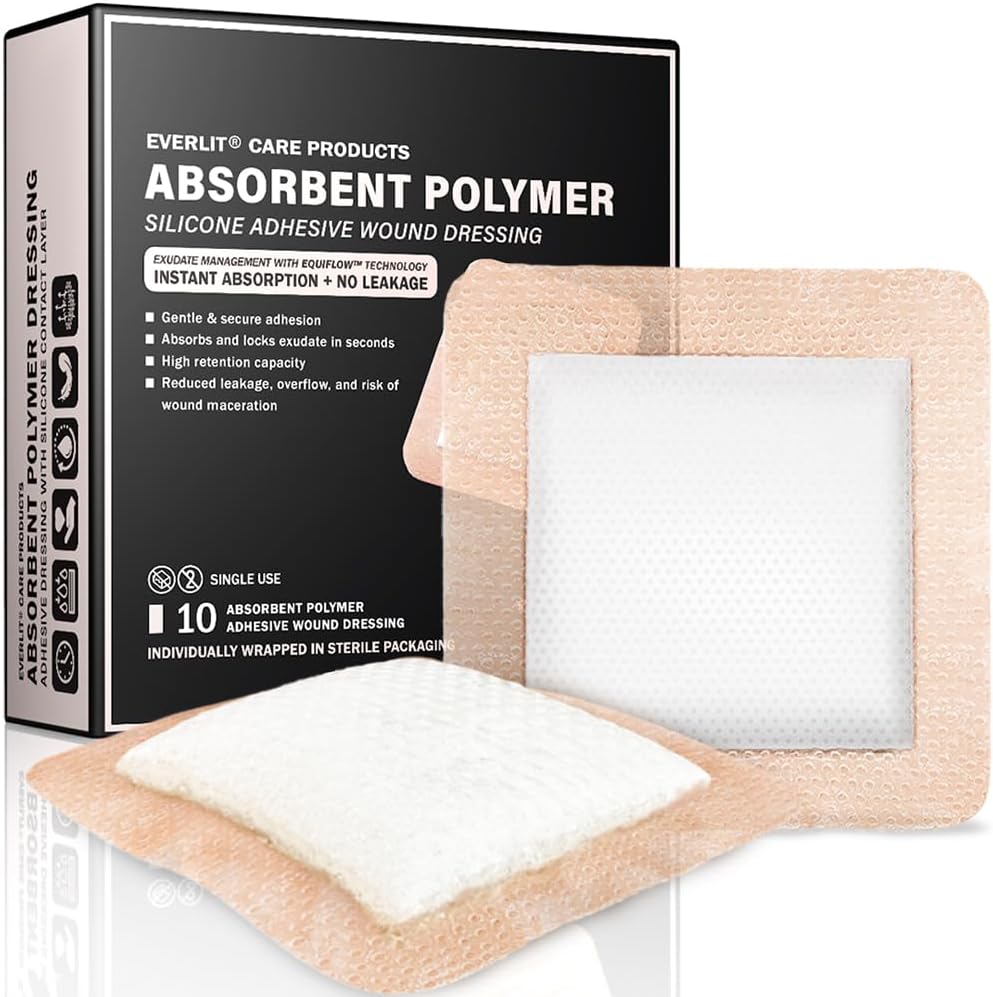 Super Absorbent Polymer Wound Dressing | Silicone Self-Adhesive Bandages with Ultrasorb Matrix for High Retention | 4" x 4" Sterile Adhesive Dressings Pack of 10