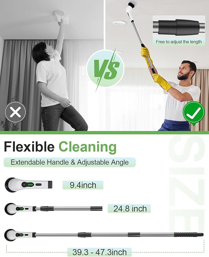 Electric Spin Scrubber, Cordless Power Cleaning Brush with 9 Replaceable Heads, Rechargeable Shower Scrubber with Adjustable Handle, IPX7 Waterproof Scrubber for Bathroom Tile Car,White-ra1