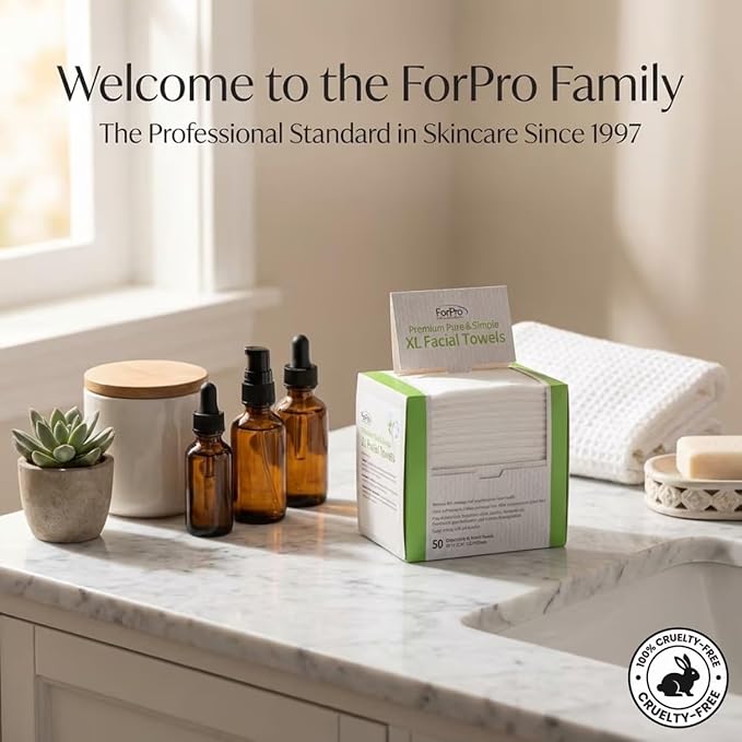 ForPro Disposable Face Towels for Sensitive Skin, XL Dry Wipes Makeup Remover, Ultra Soft Lint-Free Viscose Face Cloths, Chemical-Free Biodegradable Facial Towelettes, Vegan & Cruelty-Free, 50-Count