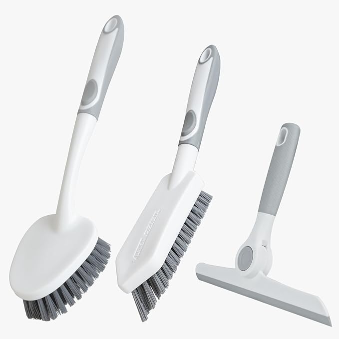 3 Pack Heavy-Duty Scrub Brush Set, Grout Brush, Shower Squeegee, Shower Cleaner Brush with Non-Slip Grip, Stiff Bristles Scrub Brushes for Cleaning Bathroom, Shower, Tile, Grout, Tub, Floor, Sink