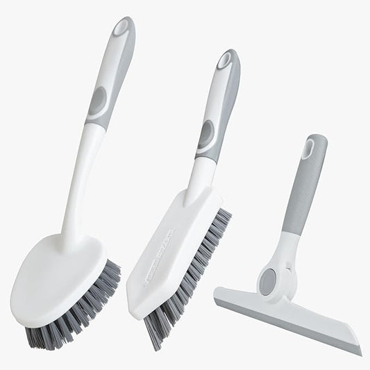 3 Pack Heavy-Duty Scrub Brush Set, Grout Brush, Shower Squeegee, Shower Cleaner Brush with Non-Slip Grip, Stiff Bristles Scrub Brushes for Cleaning Bathroom, Shower, Tile, Grout, Tub, Floor, Sink
