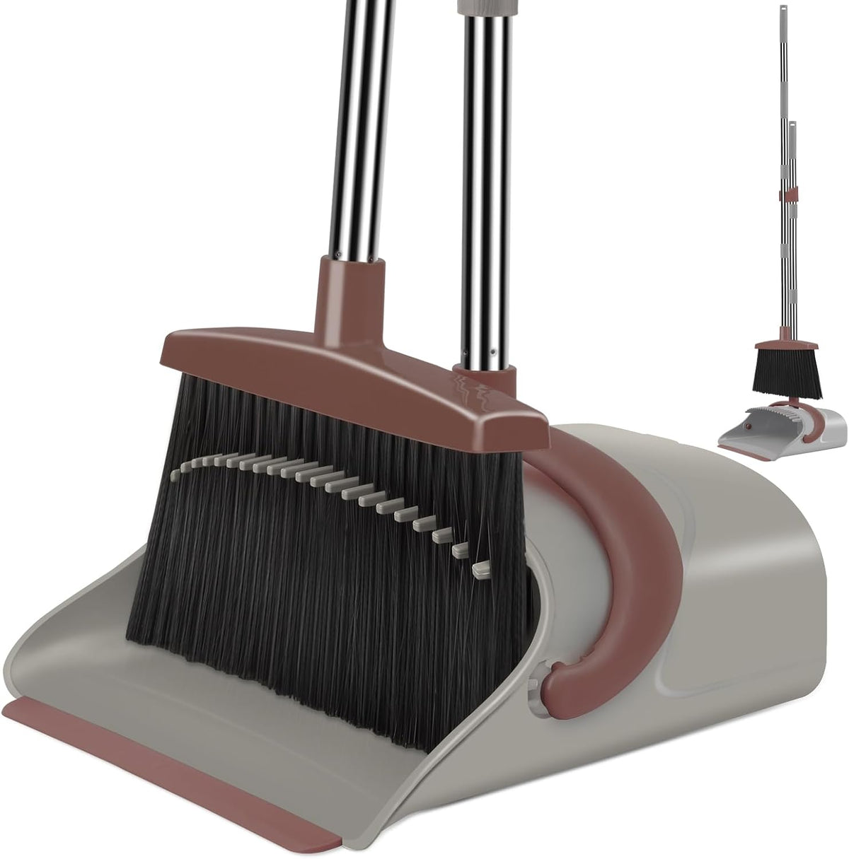 Broom with Dustpan Combo Set, 50.6 inch Long Handle, Upright Standing Broom and Dustpan Set Quiet Cleaning Tool Sweep the Floor Dust pan Removes 4 Times More Pet Hair(Brown and Gray)