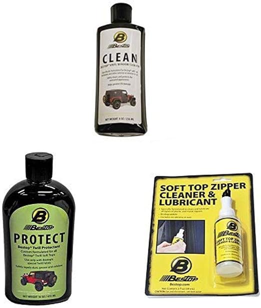 Bestop 11213-00 Vinyl Window Cleaner, 8 oz single bottle - boxed, Black Twill Fabric Cleaner with Zipper Cleaner and Lub