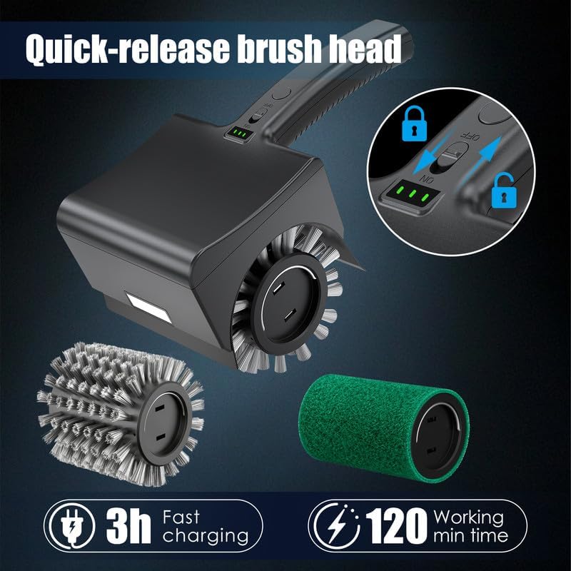 Electric Grill Brush Rechargeable Grill Cleaner 2 Heads 2 Speed 4000 RPM Torque 200KG BBQ Cleaning Brush with Safety Lock Submersible 304 SS Head Splash-Proof Scrubbe IPX7 Waterproof Carbon Black